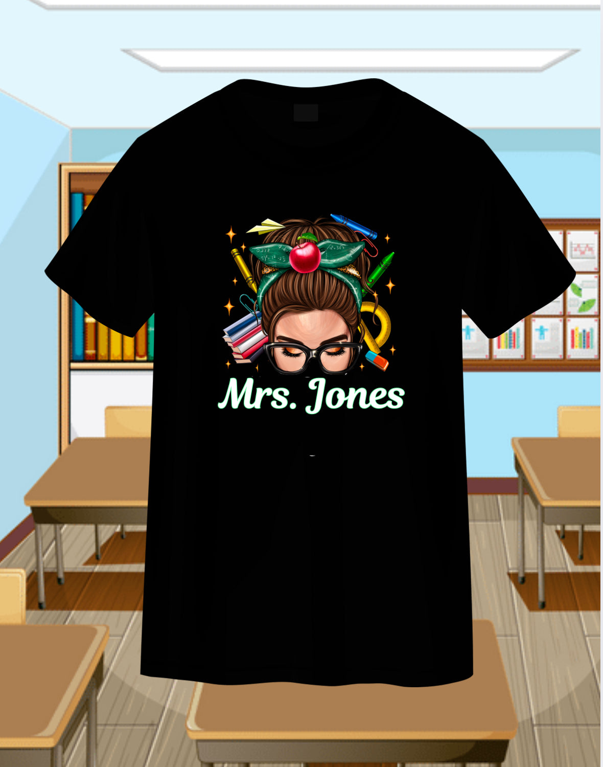 Messy Bun Teacher-Brunette Personalizable