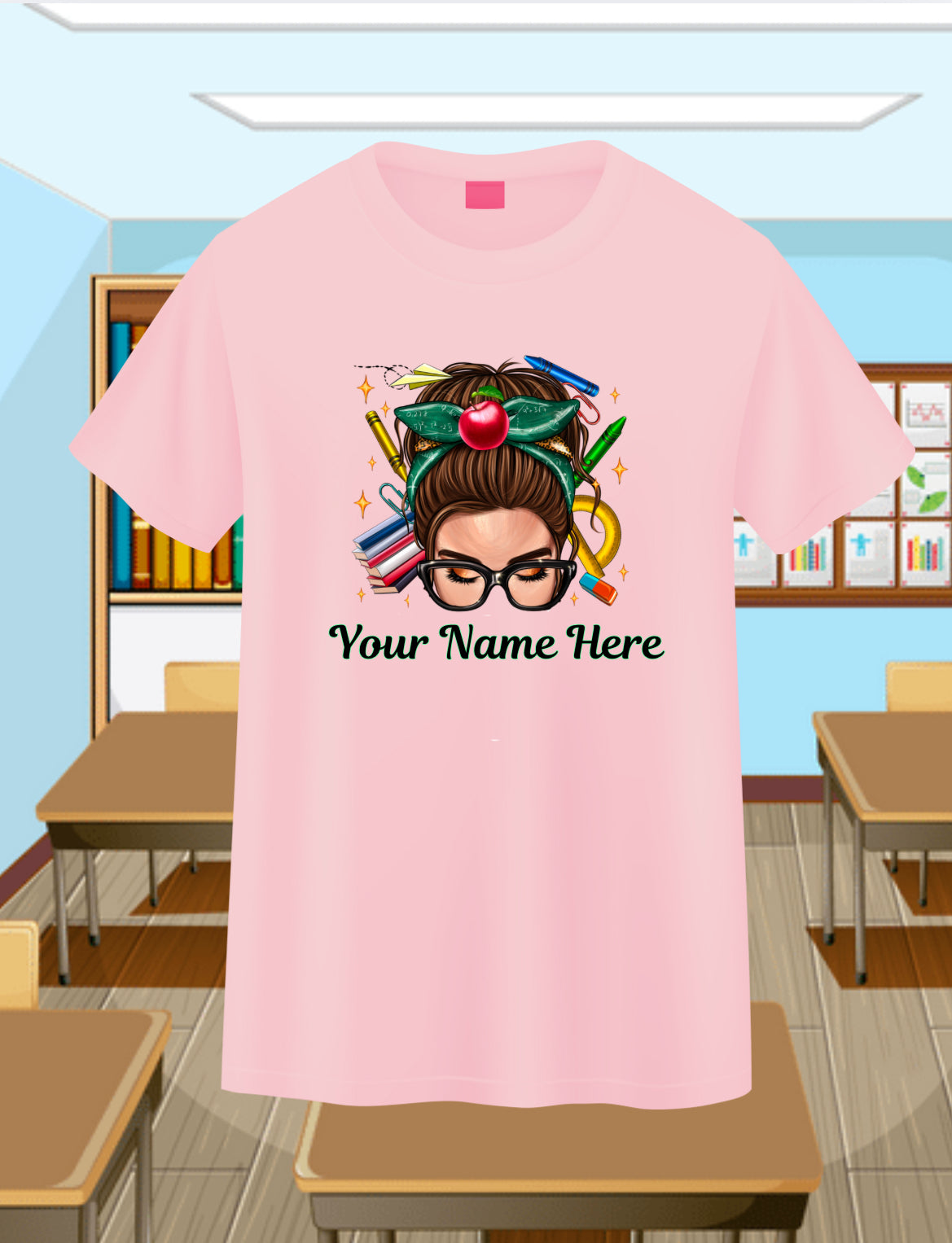 Messy Bun Teacher-Brunette Personalizable