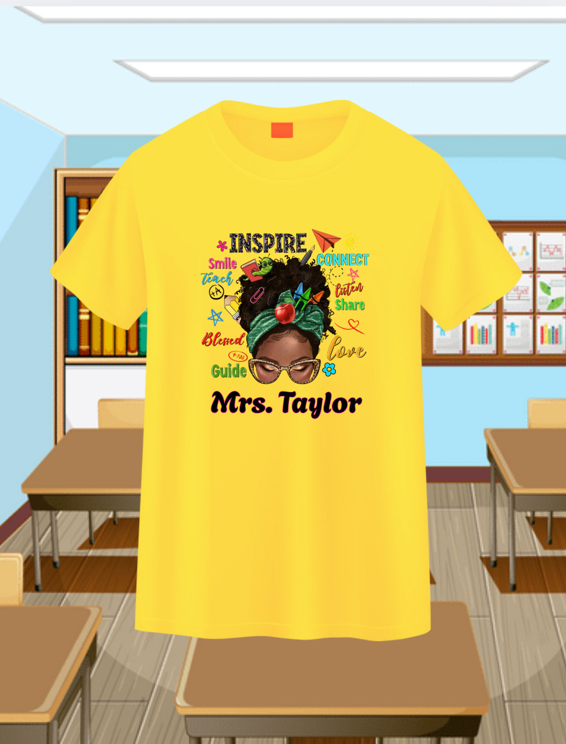 Messy Bun Teacher-Curly 2 Personalizable