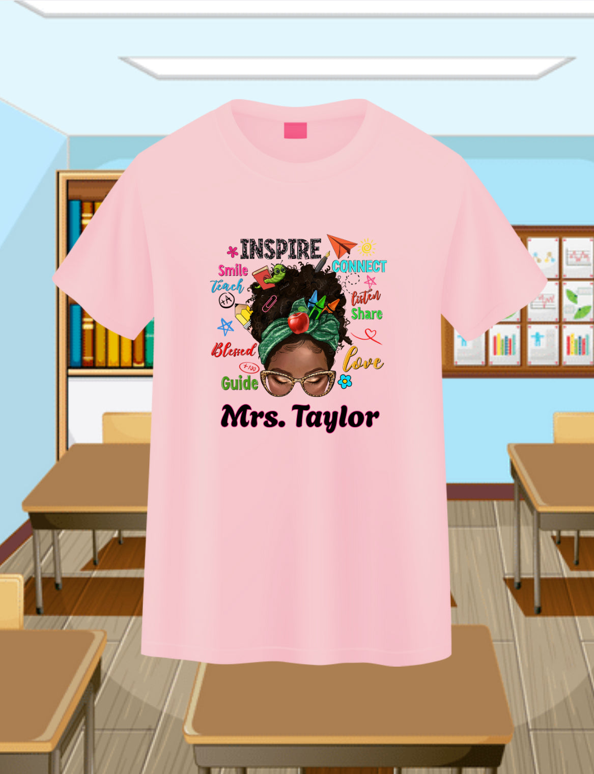 Messy Bun Teacher-Curly 2 Personalizable