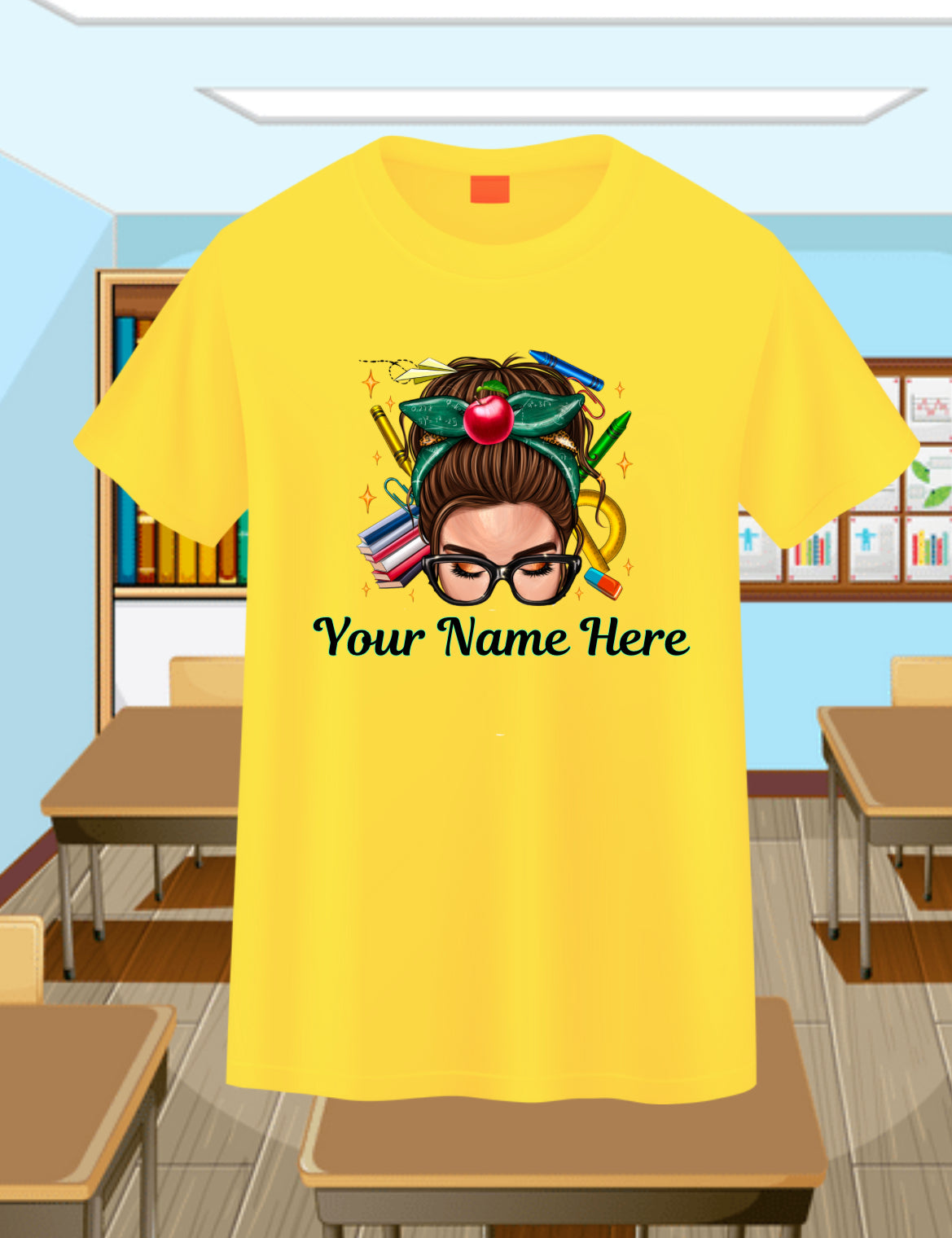 Messy Bun Teacher-Brunette Personalizable