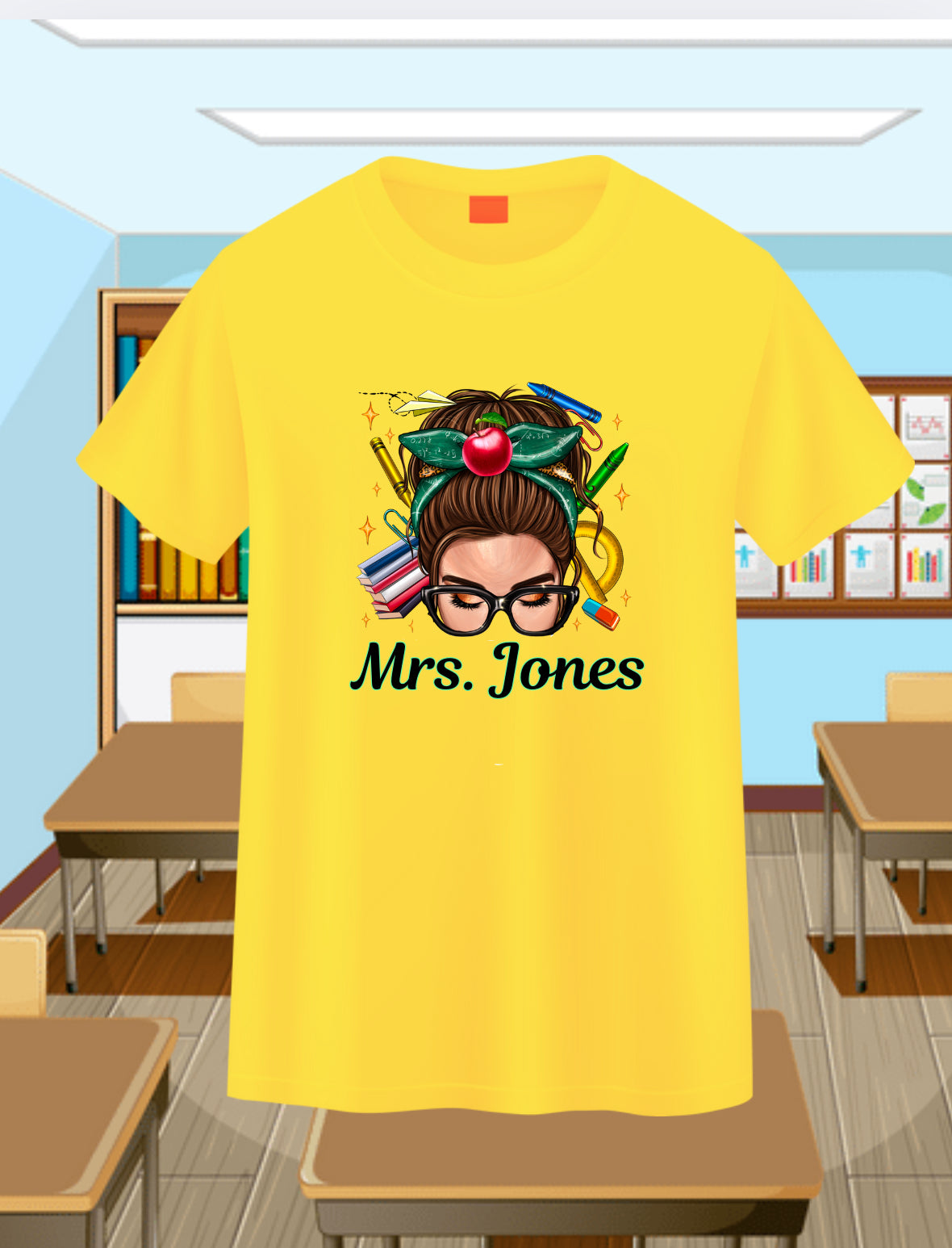Messy Bun Teacher-Brunette Personalizable