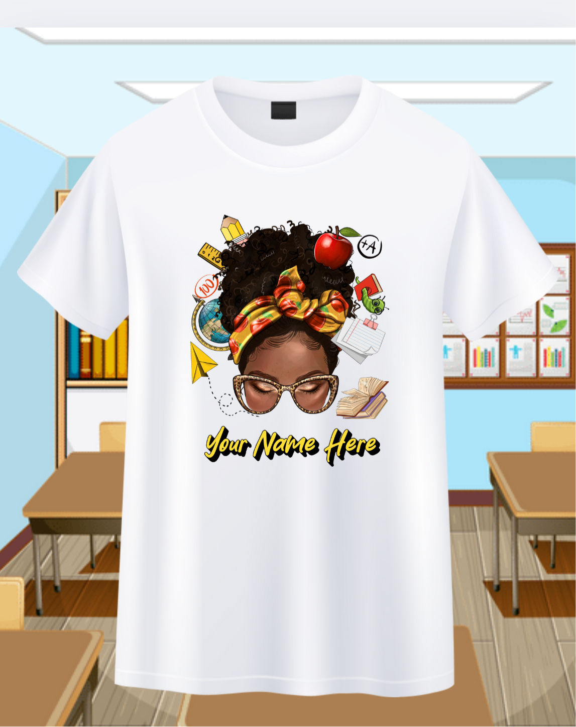 Messy Bun Teacher-Curly Personalizable