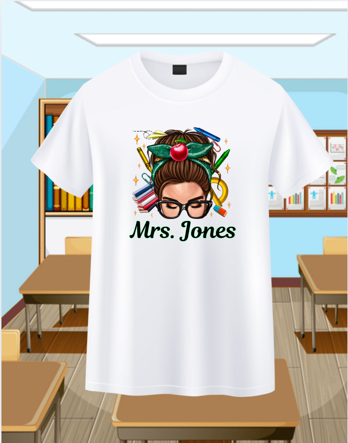 Messy Bun Teacher-Brunette Personalizable