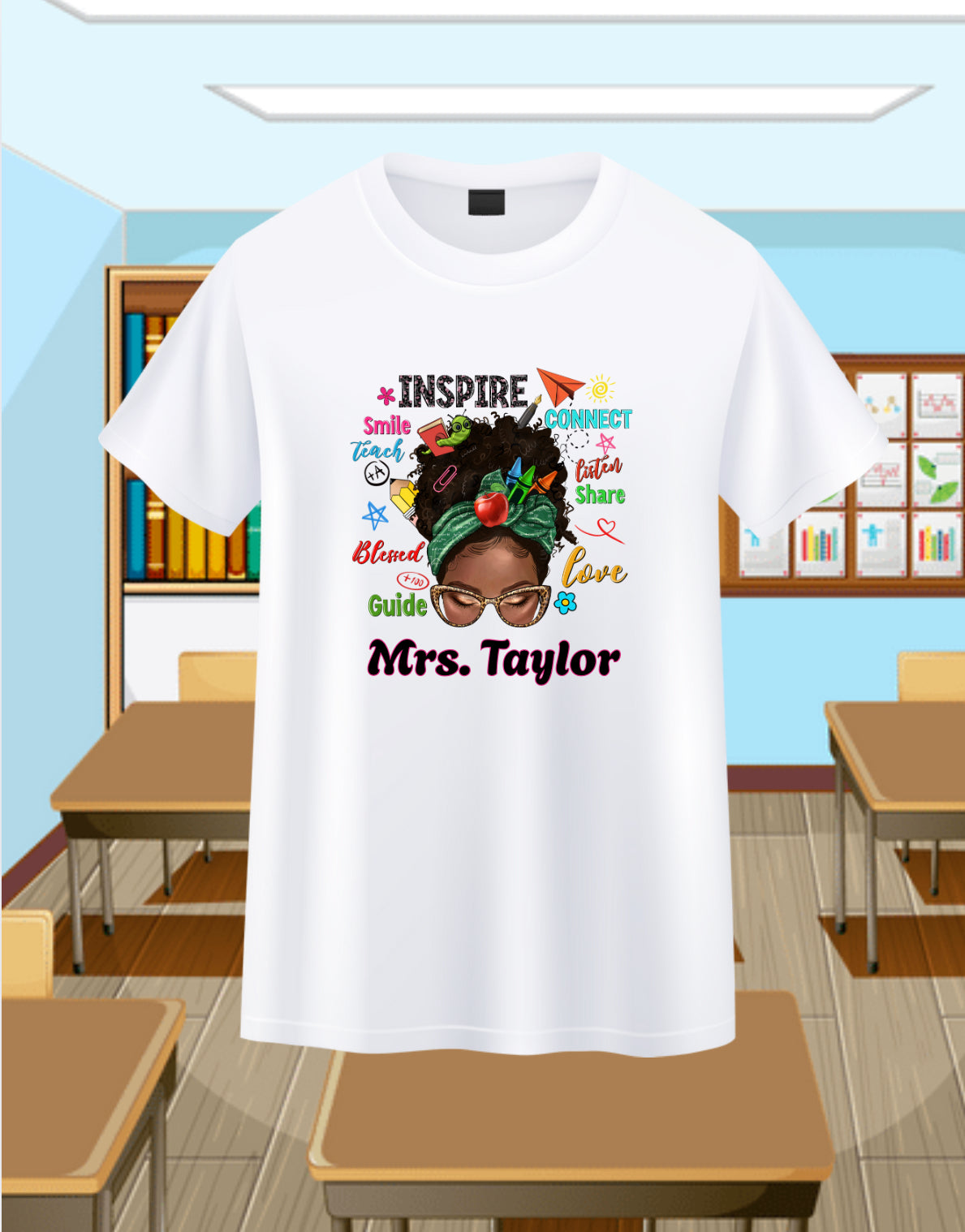 Messy Bun Teacher-Curly 2 Personalizable