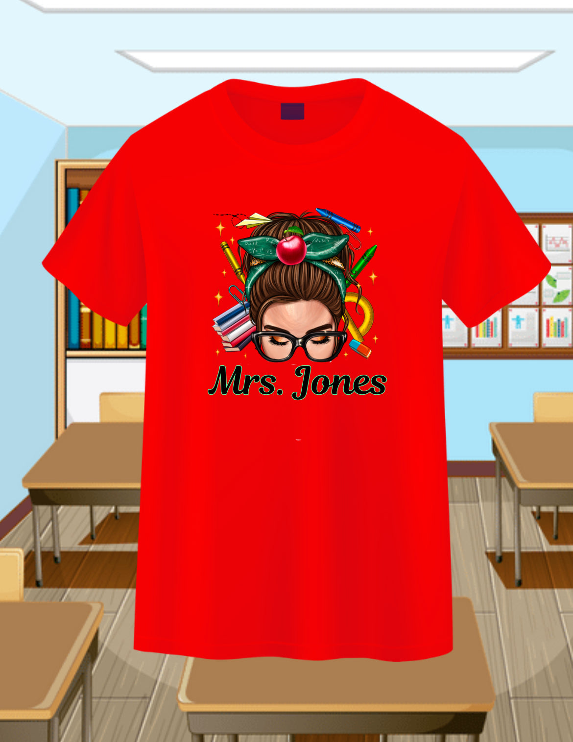 Messy Bun Teacher-Brunette Personalizable