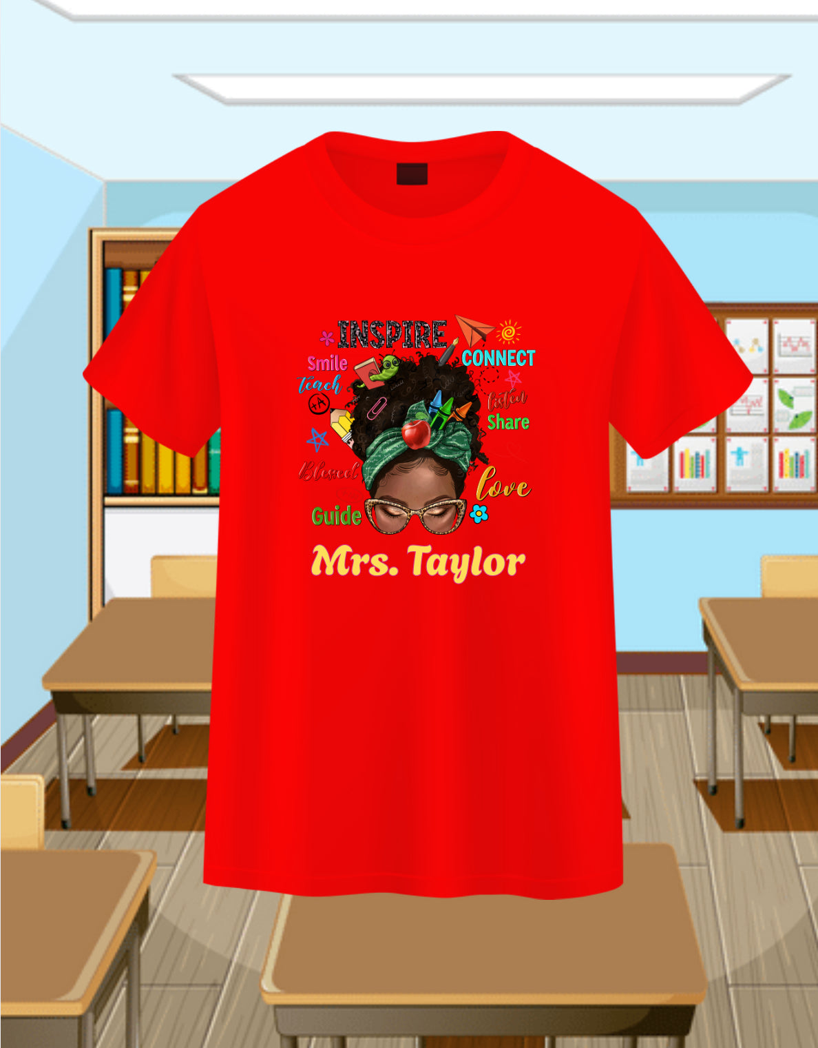 Messy Bun Teacher-Curly 2 Personalizable