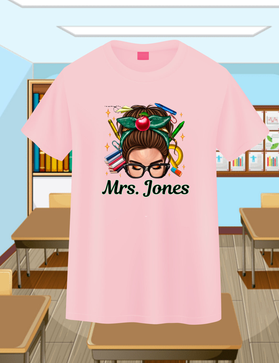Messy Bun Teacher-Brunette Personalizable