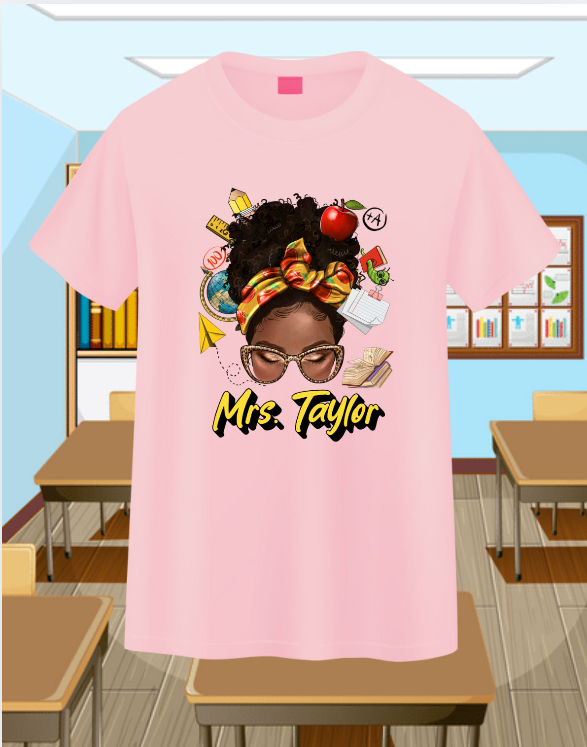 Messy Bun Teacher-Curly Personalizable