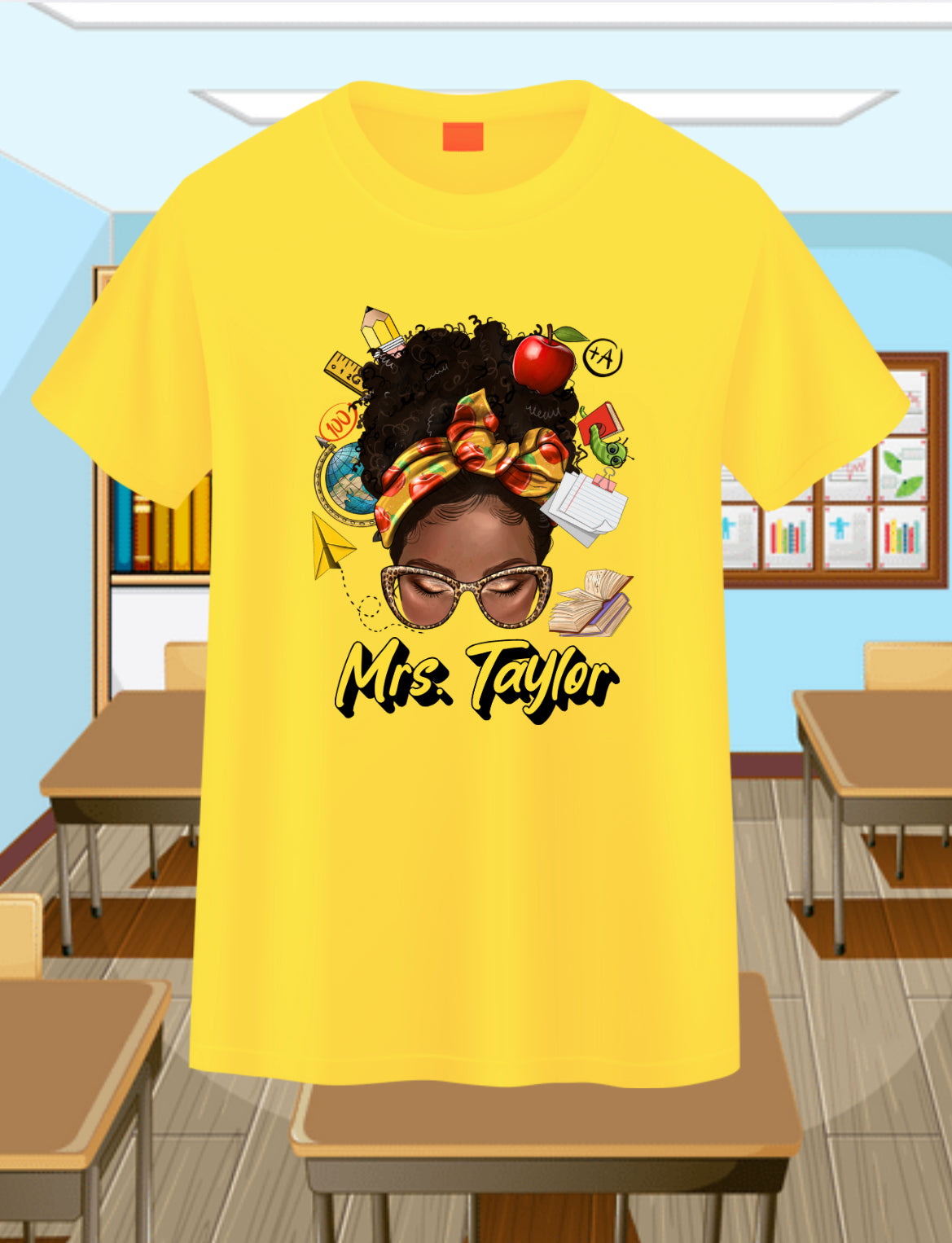 Messy Bun Teacher-Curly Personalizable