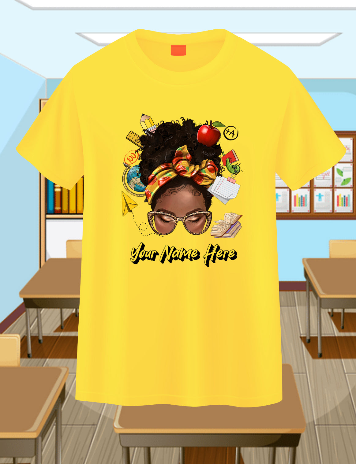 Messy Bun Teacher-Curly Personalizable