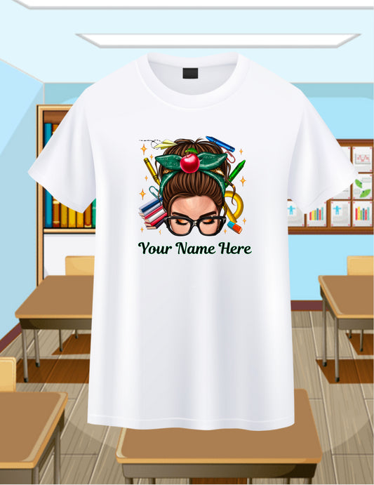 Messy Bun Teacher-Brunette Personalizable