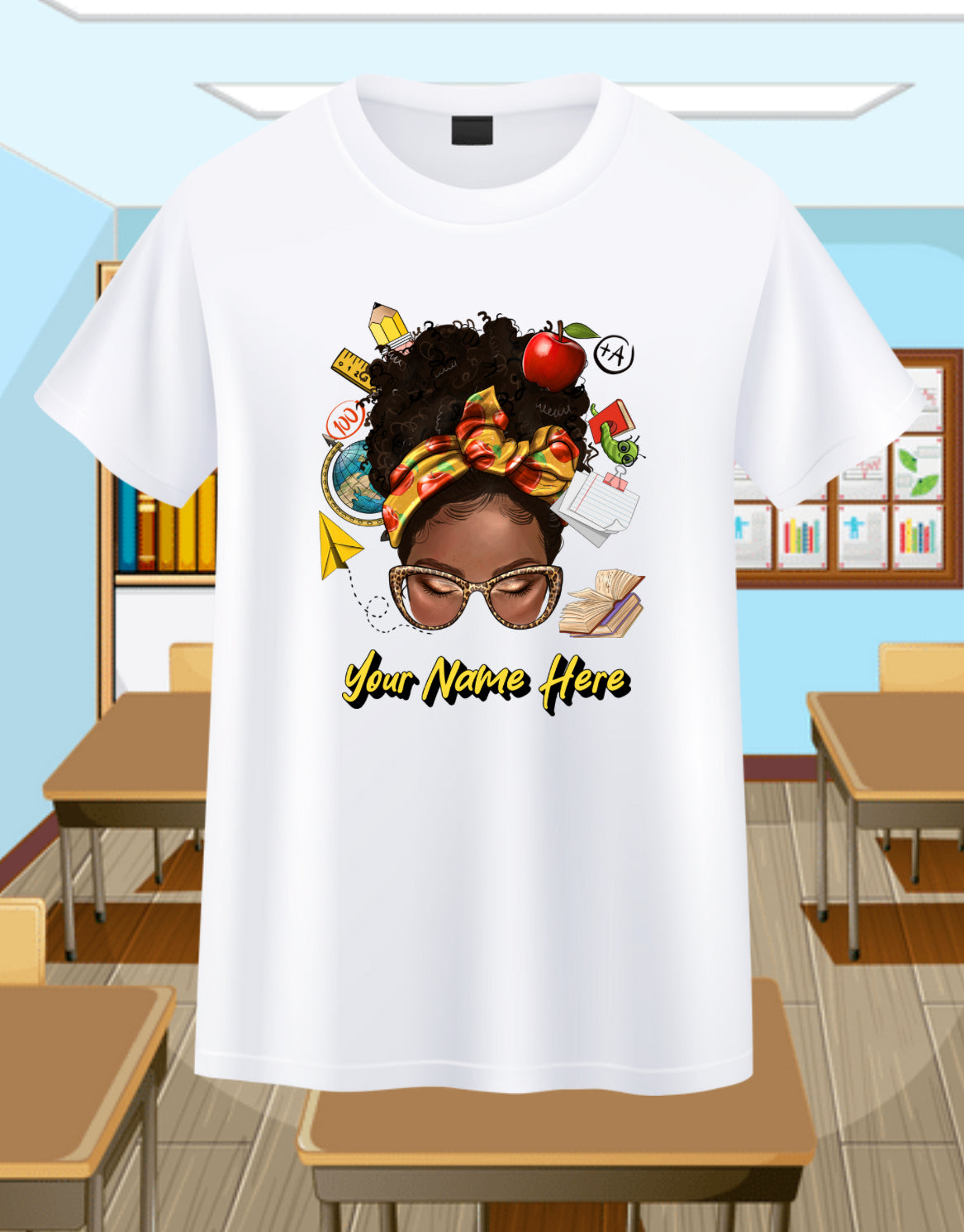 Messy Bun Teacher-Curly Personalizable