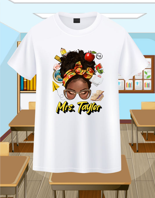 Messy Bun Teacher-Curly Personalizable